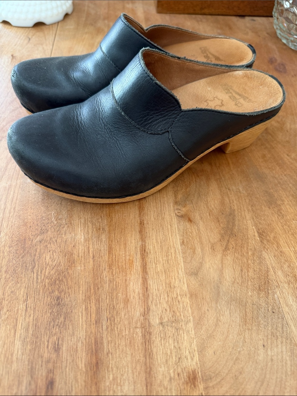 Dansko Black Leather Clog Mules with Natural Wood Heel